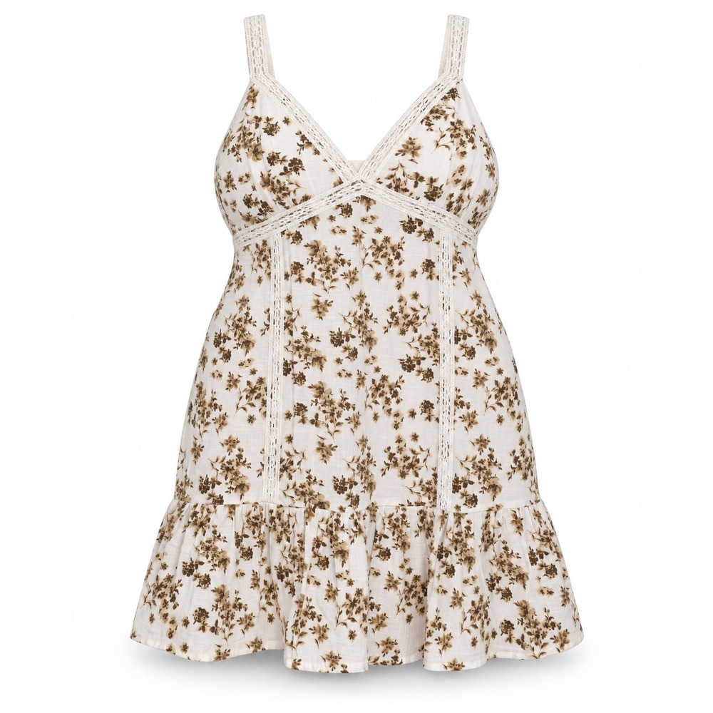 No Boundaries Floral Crochet Trim Dress XL 16-18 White Brown Cotton Ruffle Hem